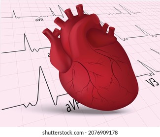 Menschliches Herz auf Herzfrequenz und hellrosa Hintergrund. Kardiologie.