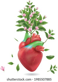 Corazón humano sobre fondo blanco.flor de árbol.vector ilustración