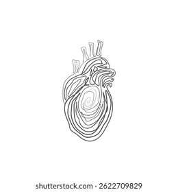 Desenho de uma linha do Coração Humano. Ilustração de linha única do Coração Humano. Arte de linha minimalista do Coração Humano