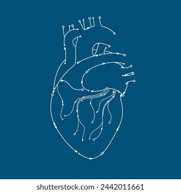 Umrissmodell der elektronischen Leiterplatte des menschlichen Herzorgans. Isoliert auf blauem Hintergrund. In: Science medical technology concept. Vektor EPS10 Illustration.