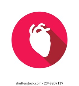 Human heart organ icon vector illustration design, circle shape flat icon design with long shadow