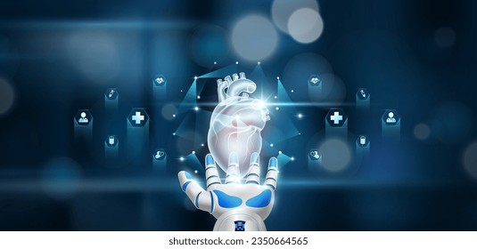 Human heart organ inside cube float in doctor robot hand on hospital background. Health care system innovative technology medical futuristic AI artificial intelligence cybernetic robotics. Vector.