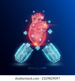 Das blaue blaue Kreuz des menschlichen Herzorgels und des medizinischen Zeichens flattert die Kapsel durchscheinend glühendes, polygonales Dreieck aus. Innovationsbehandlung im Gesundheitswesen. Auf dunkelblauem Hintergrund, moderne Design-Vektorgrafik.