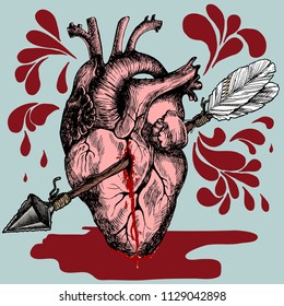 Human heart pierced with an arrow boho. Hand drawn vector symbolic illustration for your poetic design.
