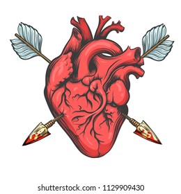 Human heart pierced by two arrows drawn in tattoo style isolated on white background. Vector Illustration.