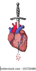The human heart is pierced with a dagger. Hand drawn vector illustration. Cartoon illustration. Colorful style. Tattoo print.