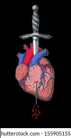 The human heart is pierced with a dagger. Hand drawn vector illustration. Cartoon illustration. Colorful style. Tattoo print.