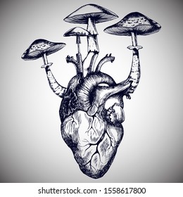 Human heart with poisonous mushrooms. Hand-drawn vector symbolic illustration for your surreal design.