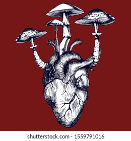 Human heart with poisonous mushrooms. Hand-drawn vector symbolic illustration for your surreal design.