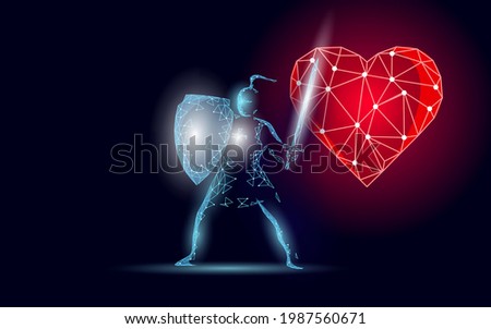 Human heart protection knight shield 3D low poly concept. Safety red pharmacy drugstore background. Supplement recovery reconstruction vector illustration
