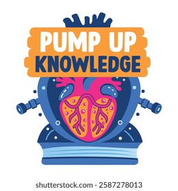 Human heart with pump up knowledge text, flat sticker 
