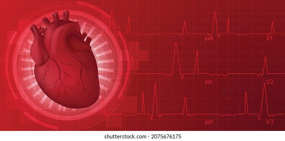 Human heart and heart rate illustration on red background. Cardiology concept health care.
