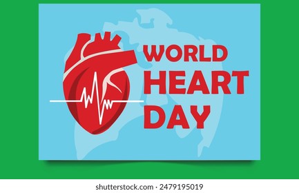 Corazón humano con línea roja de pulso cardiovascular. Concepto del Día Mundial del Corazón. Diseño de estilo de poliéster bajo. Fondo geométrico azul Abstractas.