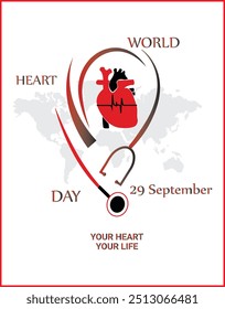 Corazón humano con línea roja del pulso del cardio. Día Mundial de la Hipertensión. Concepto de concienciación de la salud para el Anuncio, el cartel, la tarjeta y los diseños de fondo. Día Mundial de la Salud. Vector del corazón. estetoscopio Vector.
