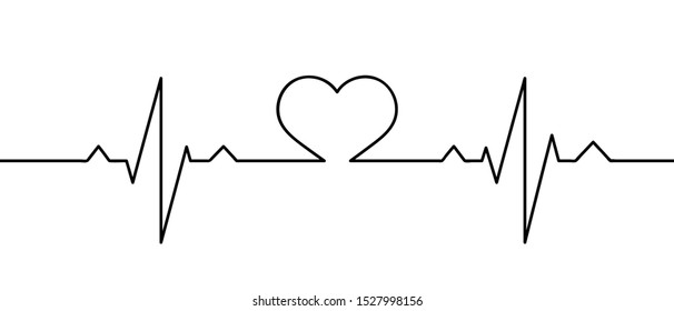 Human heart and rhythm silhouette, single continuous black line. Healthy, medicine. Sketch, outline drawing. Vector illustration