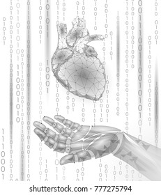 Human heart robot android hand low poly. Polygonal geometric particle design. Innovation medicine technology future humanoid doctor binary code background vector illustration