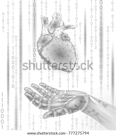 Human heart robot android hand low poly. Polygonal geometric particle design. Innovation medicine technology future humanoid doctor binary code background vector illustration