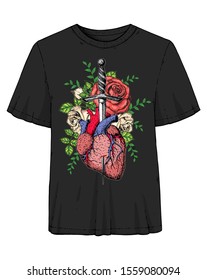 The human heart and roses is pierced with a dagger. Hand drawn vector illustration. Colorful illustration . Tattoo print design template.