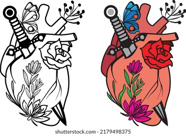 El corazón humano y las rosas se perforan con una daga y una mariposa sobre fondo blanco. Ilustración del vector