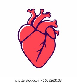 Human heart, showcasing its main anatomical features. Bold outlines and bright red color highlight the ventricles, atria, and major arteries, creating a simplified yet recognizable representation.