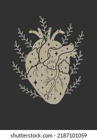 Human Heart Silhouette With Flowers And Stars. Magical Vector Art