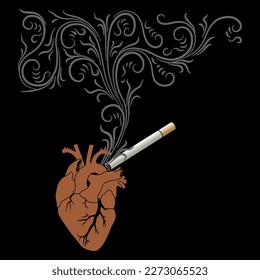 Human heart and a smoking cirarette. Creative medicinal concept. Harm of tobacco. 