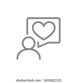 Human with heart in speech bubble line icon. Dialogue about love, like, feedback symbol