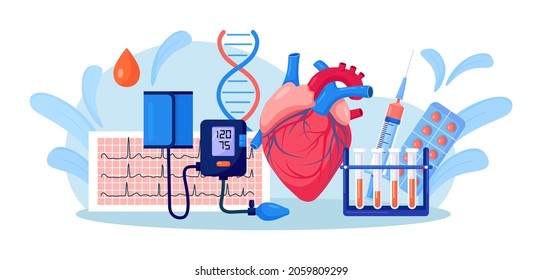 Human heart with sphygmomanometer, ECG cardiogram, blood test tube, medicines. Medical examination, measuring high blood pressure. Cardiovascular disease diagnostic. Hypertension, hypotension