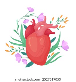 Corazón humano en flores silvestres de primavera, cuidado para la Ilustración vectorial de la salud cardiovascular