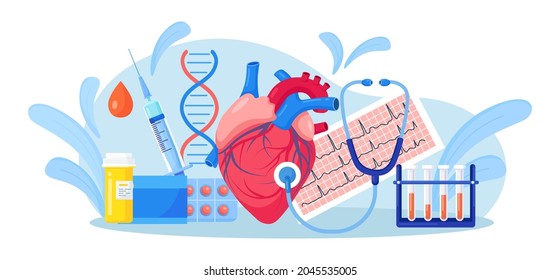 Human Heart With Stethoscope, ECG Cardiogram, Blood Test Tube, Medicines. Professional Medical Examination, Check Up With Rhythm Listening And Pulse Examination. Cardiovascular Disease Diagnostic