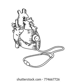 human heart with stethoscope vector illustration outline sketch hand drawn with black lines isolated on white background. Medical concept.