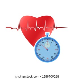 Corazón humano y cronómetro sobre fondo blanco. Mida el ritmo cardíaco usando un cronómetro.