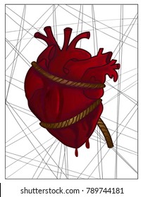 

Human Heart strain with rope bleeding out the blood.(showing painful, hurt emotion) (Illustrative art)