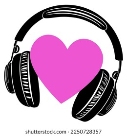 Human heart symbol inside headphones. Creative romantic concept. Listen to your love. Saint Valentine day design. Monochrome silhouette. Isolated vector illustration. 