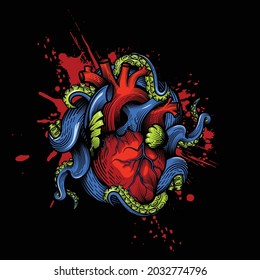 Human heart with tentacles design. Hand drawn vector illustration of octopus tentacles embracing anatomical human heart in engraving technique with red paint splash isolated on black.  