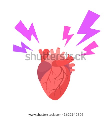 Human heart with thunderbolt flashes. Heart attack, heartache, stress, pain suffering. Medical vector illustration, flat design element, cartoon style. Isolated on white background.