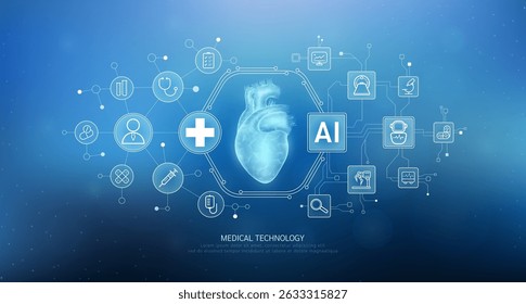 Human heart translucent with medical network icons on blue background. Artificial intelligence (AI) in health care technology. Innovation in digital health smart medical diagnostics. Vector. 