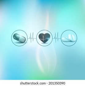 Human heart treatment abstract blue background. Icons connected with heart beat monitoring line.