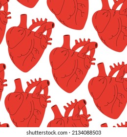 Caricatura del vector del corazón humano sin fisuras en el fondo del patrón para papel pintado, envoltura, embalaje y fondo.