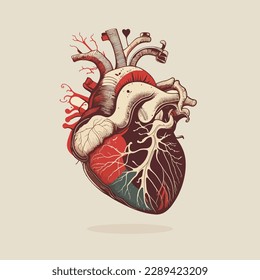 Human heart with veins and arteries. Vector illustration in vintage style.