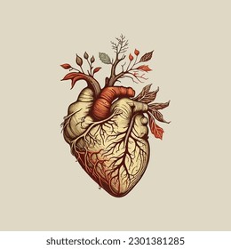 Corazón humano con venas y arterias. Ilustración vectorial en estilo vintage.