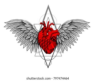 Human heart with wings and geometry. Vector illustration.