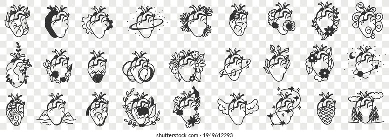 Equipo de doodle de varios corazones humanos