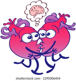 Human hearts thinking too much while kissing. They're opening eyes, hugging, touching their lips and raising a leg each. They show a cartoon brain in a thought bubble. They look surprised and dubious
