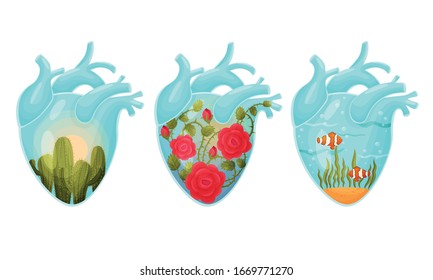 Human Hearts with Vessels and Scenes with Cactuses and Underwater Life Inside Vector Set