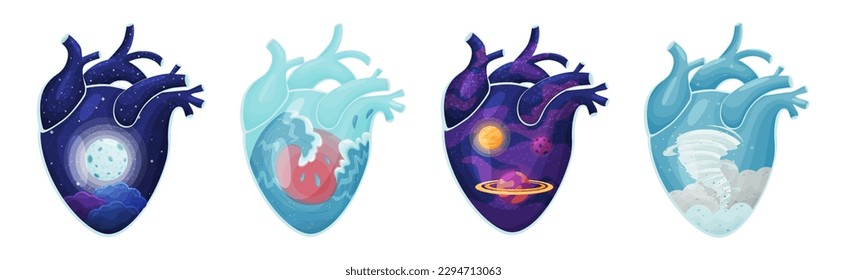 Human Hearts with Vessels and Scenes Inside Vector Set