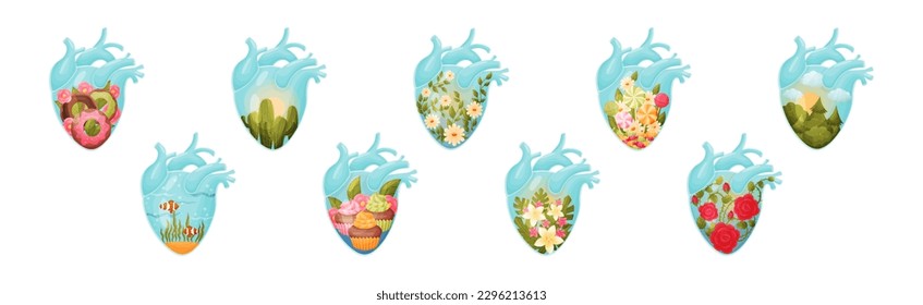 Human Hearts with Vessels and Scenes Inside Vector Set