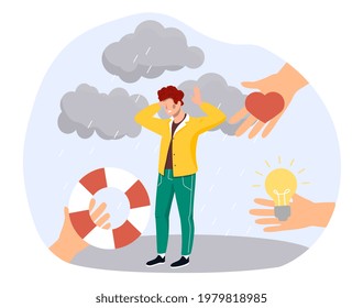 Human helping hand with love, support and therapy make man to get rid of depression. Flat abstract metaphor cartoon vector illustration concept web banner design. Isolated on white background.