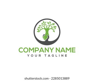 Human helping hands and tree logo design. hand humanity with tree unique vector illustration.