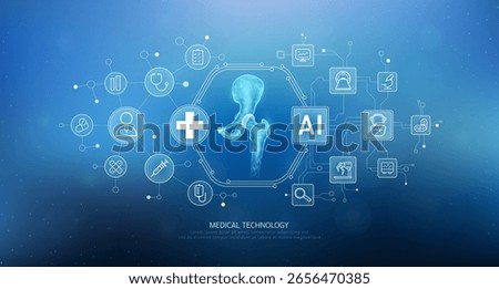Human hip joint translucent with medical network icons on blue background. Artificial intelligence (AI) in health care technology. Innovation in digital health smart medical diagnostics. Vector. 